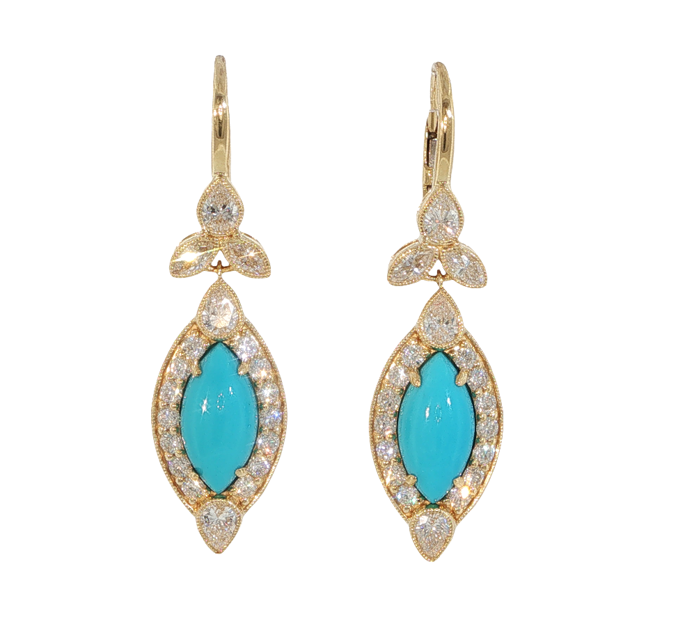 18K Yellow Gold Marquise Turquoise & Diamond Halo Drop Earrings