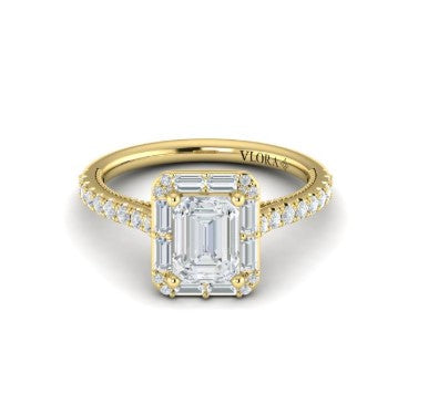 14K YG Emerald Cut Diamond Art Deco Inspired Halo Semi-Mount by Vlora