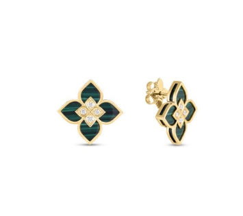 18K YG VENETIAN PRINCESS . 12cttw DIA & MALACHITE SMALL FLOWER STUD EARRINGS Main image