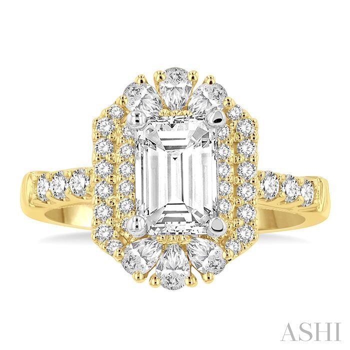 14K Two-Tone Pear & Round Diamond Double Halo Semi-Mount for Emerald