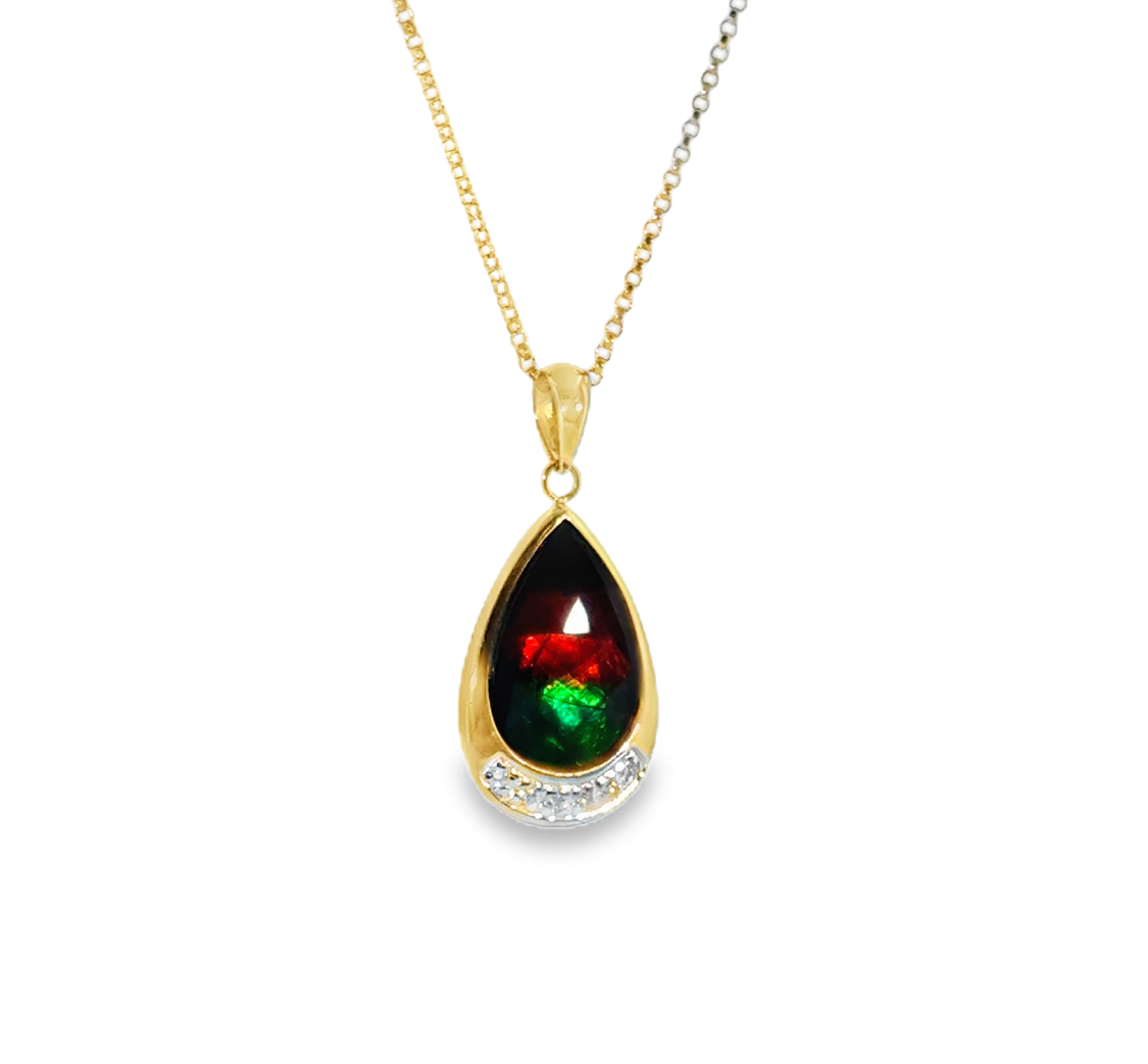 14K Yellow Gold Pear Shape Ammolite & Diamond Pendant on 18K Chain