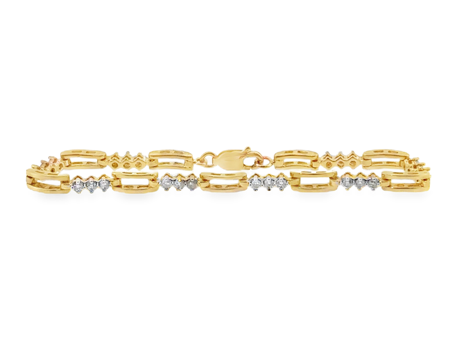 14K Yellow Gold Three Diamond Station Link Tennis Bracelet *Estate Item Sold as is, Final Sale*