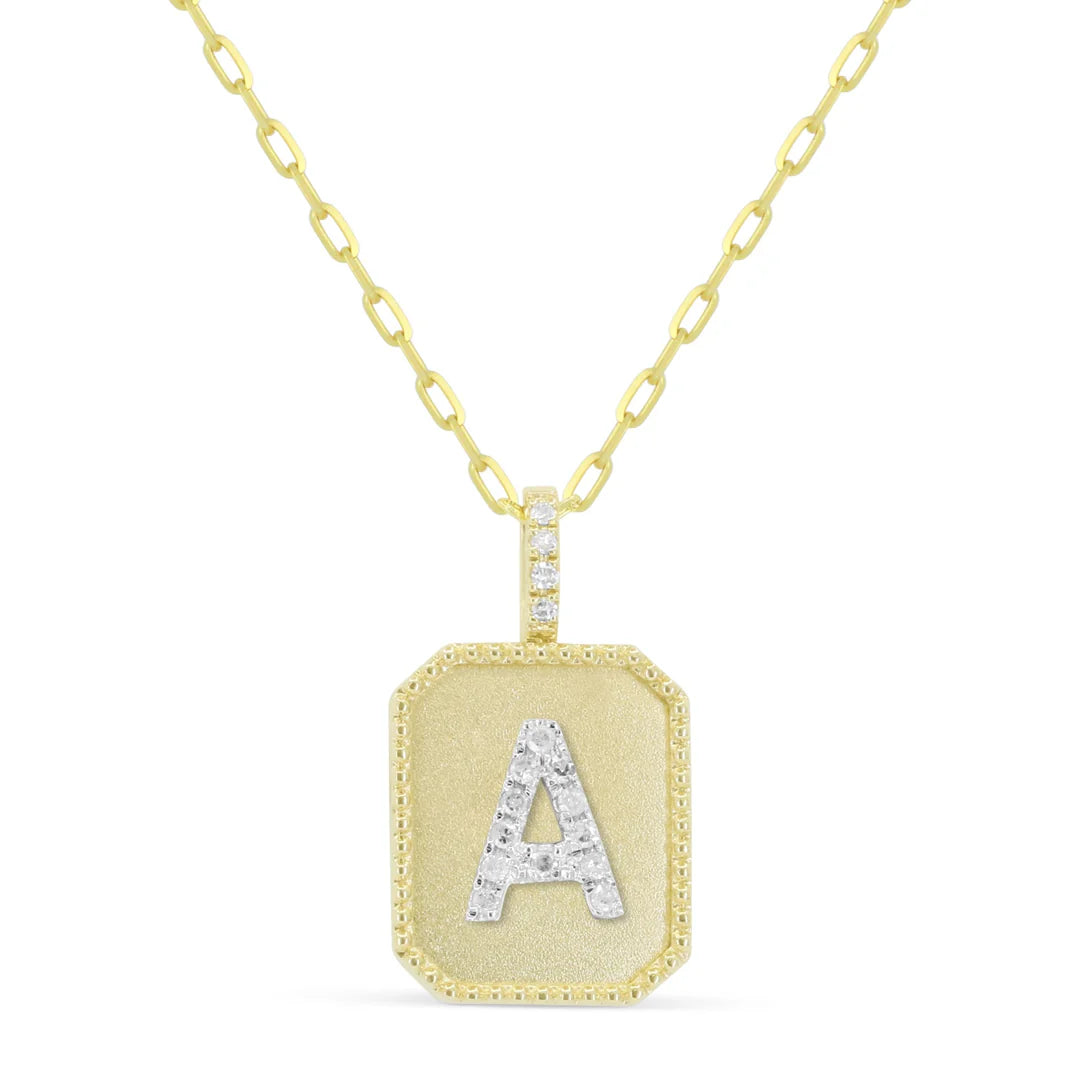 14K YG Diamond Initial "A" Matte Dog Tag Pendant Necklace