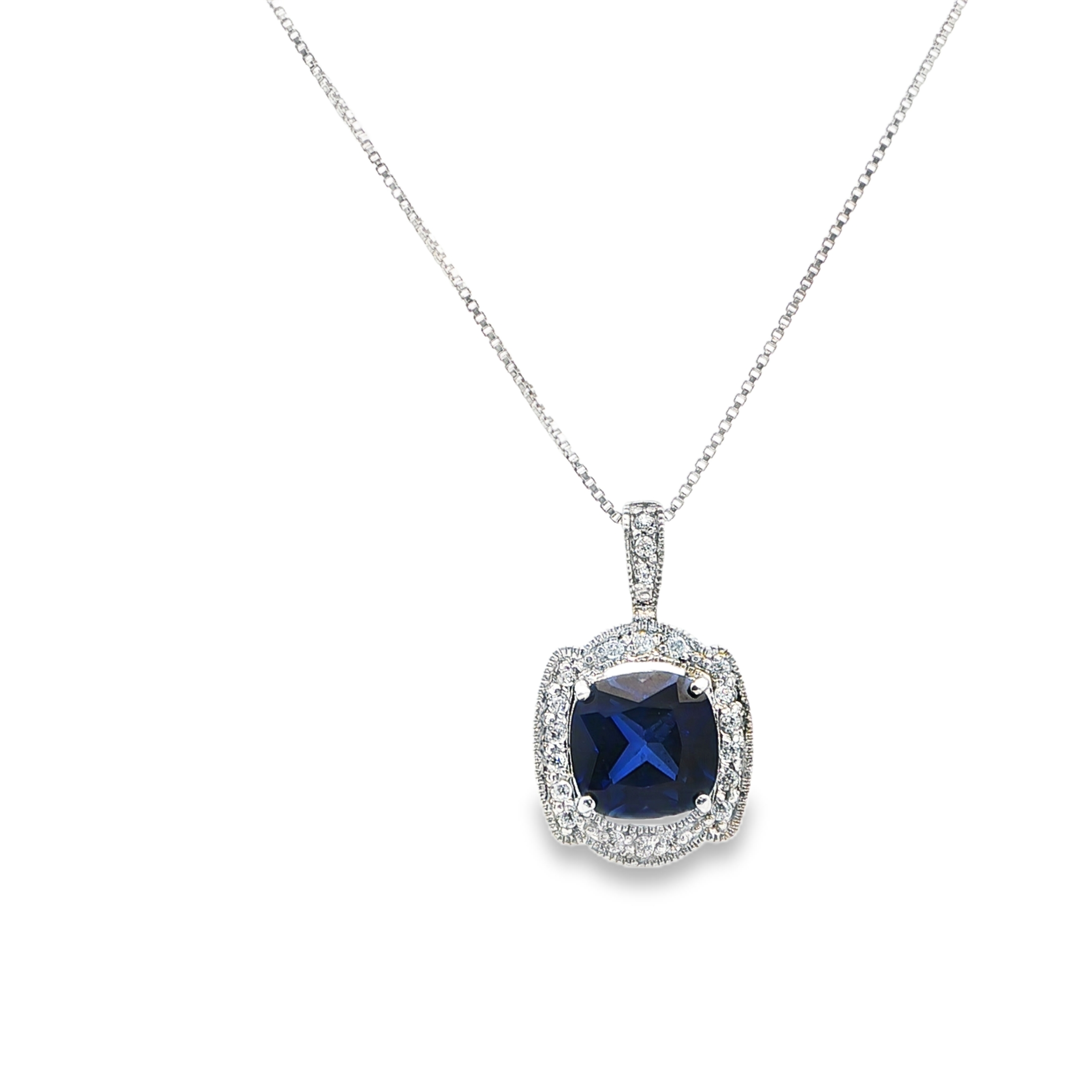 Sterling Silver CU Blue CZ & White CZ Halo Vintage Style Pendant Necklace *Estate Item Sold as is, Final Sale* Main image