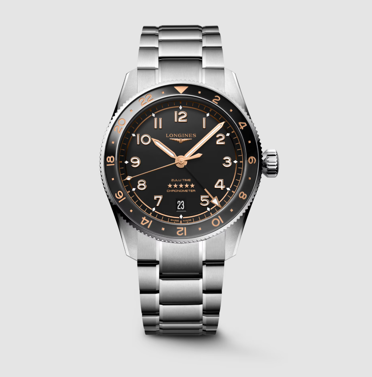 Longines Spirit Zulu Time GMT 39mm Watch with Black Matt Dial
