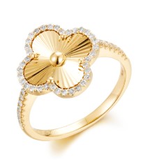 14K YG Fluted Clover & Diamond Halo Ring