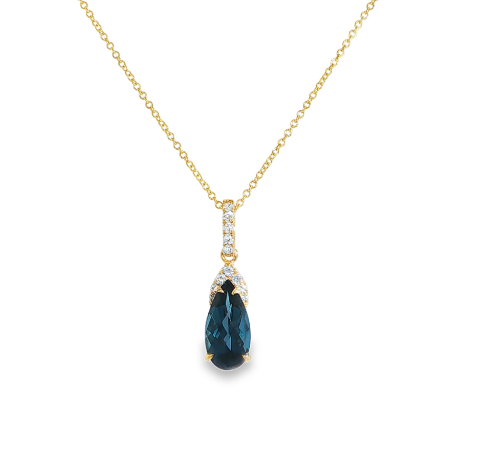 18K Yellow Gold Pear London Blue Topaz & Diamond Accent Pendant Necklace by David Kord