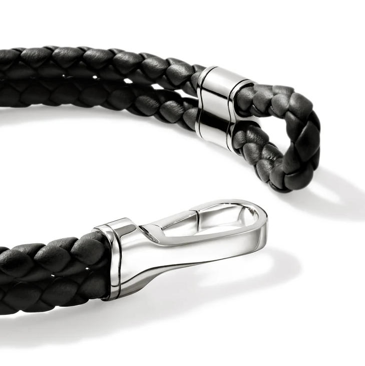 Sterling Silver & Black Leather Men's Essentials 10mm Double Row Bracelet by John Hardy