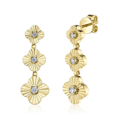 14K YG Diamond Bezel Ribbed Clover Dangle Earrings