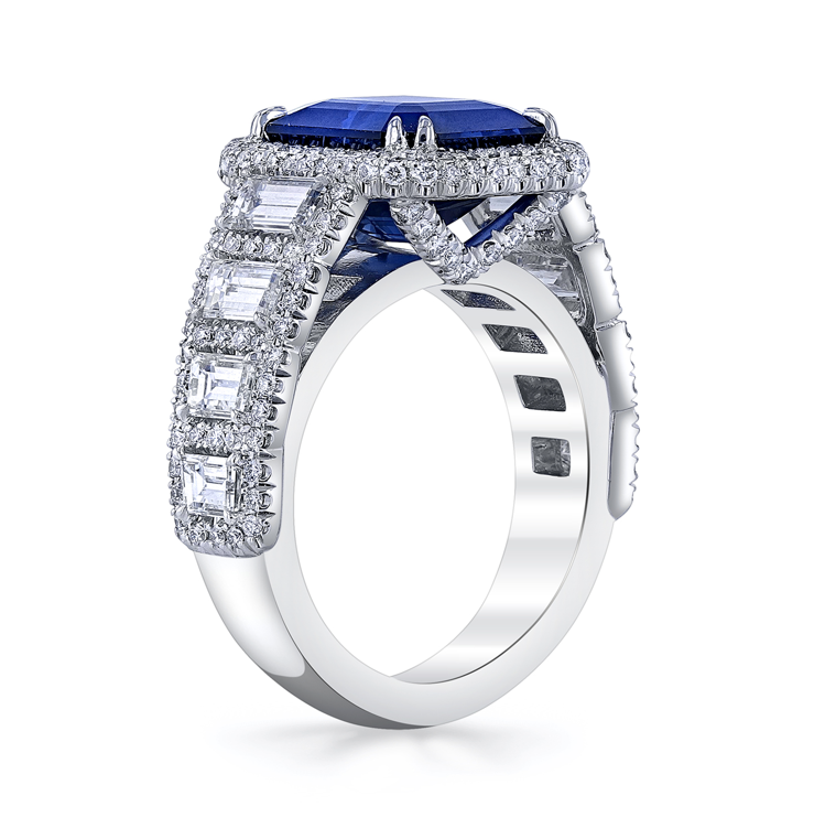 Platinum Emerald Cut Blue Sapphire & Diamond Trapezoid Sides & Pave Accents by Joshua J Secondary image