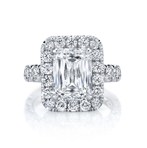 Platinum Cushion Diamond Ring with Pave Halo & Single Row Wire Shank by Joshua J