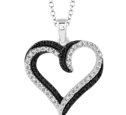 Sterling Silver 1/4cttw Black & White Diamond Heart Pendant Necklace