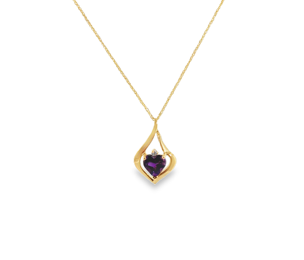 14K Yellow Gold Amethyst & Diamond Heart Pendant *Estate Item Sold as is, Final Sale*
