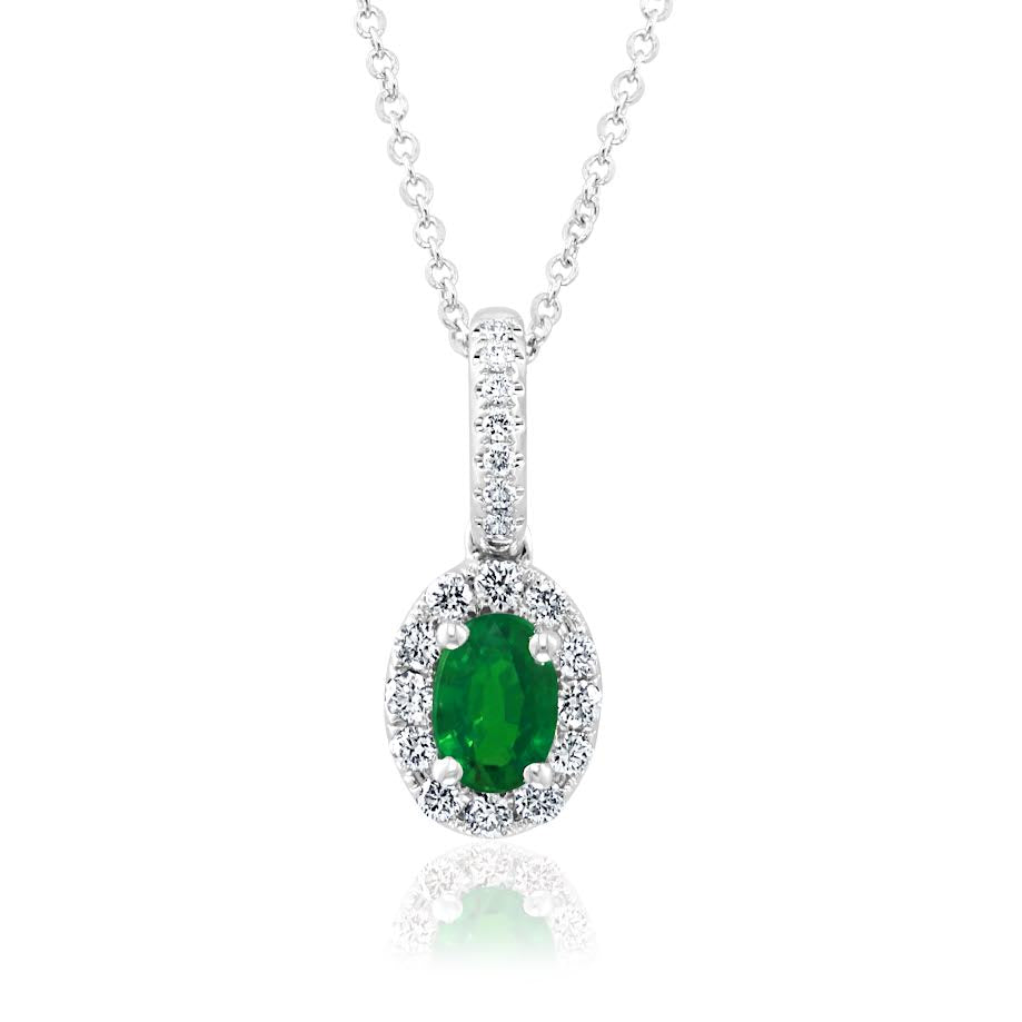 14K WG Oval Emerald & Diamond Halo Pendant Necklace by David Kord