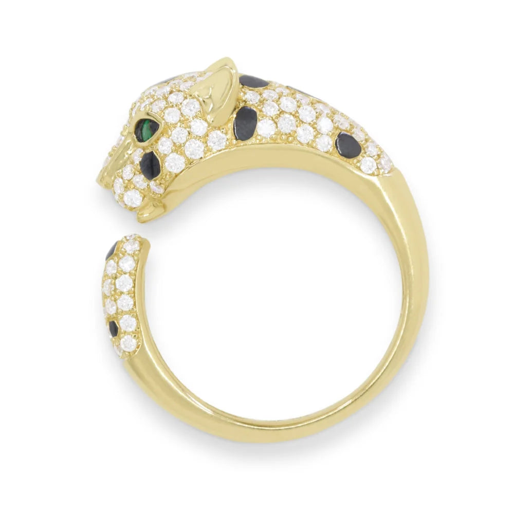 14K YG Diamond Cat Ring with Emerald Eyes