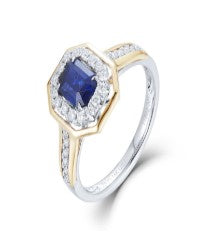 14K/PT Blue Sapphire & Diamond Octagonal Halo Frame Ring