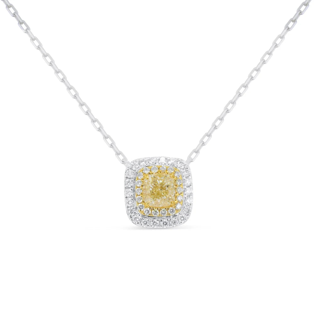 14K WG Fancy Yellow Diamond & Double Diamond Halo Pendant Necklace