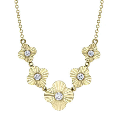 14K YG Diamond Bezel Ribbed Clover Necklace