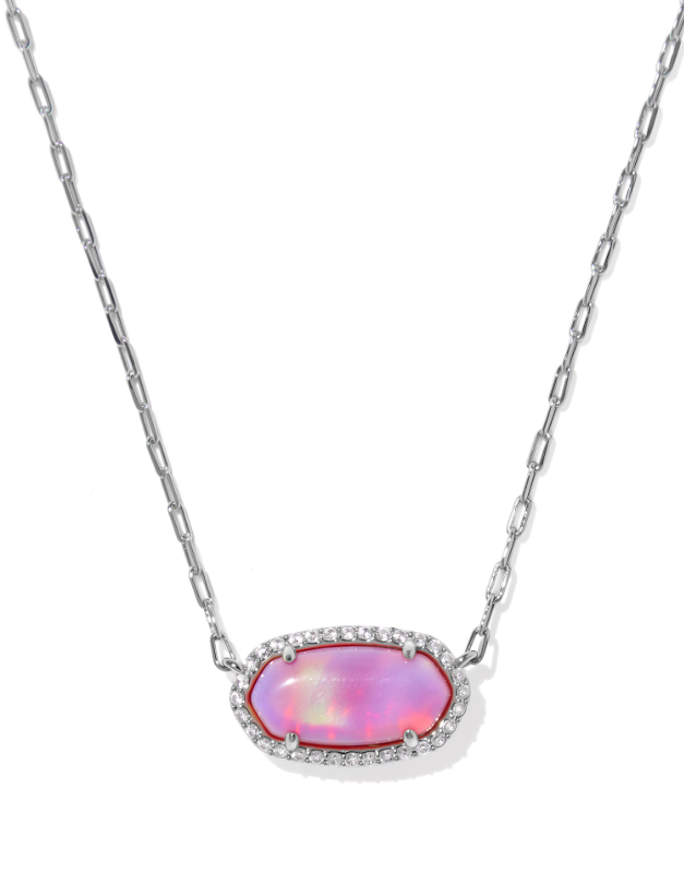 Rhodium Plated Elisa Pave Frame Pendant Necklace in Pink Opalescent Resin by Kendra Scott