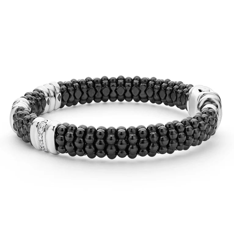 SS/18k Black Caviar Black Ceramic 3 Stations with Single Diamond Row 9mm Bracelet by LAGOS