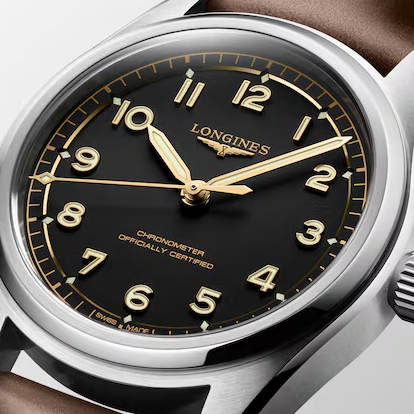 Longines Spirit Pilot 39mm Watch with  Black Dial & Leather Strap