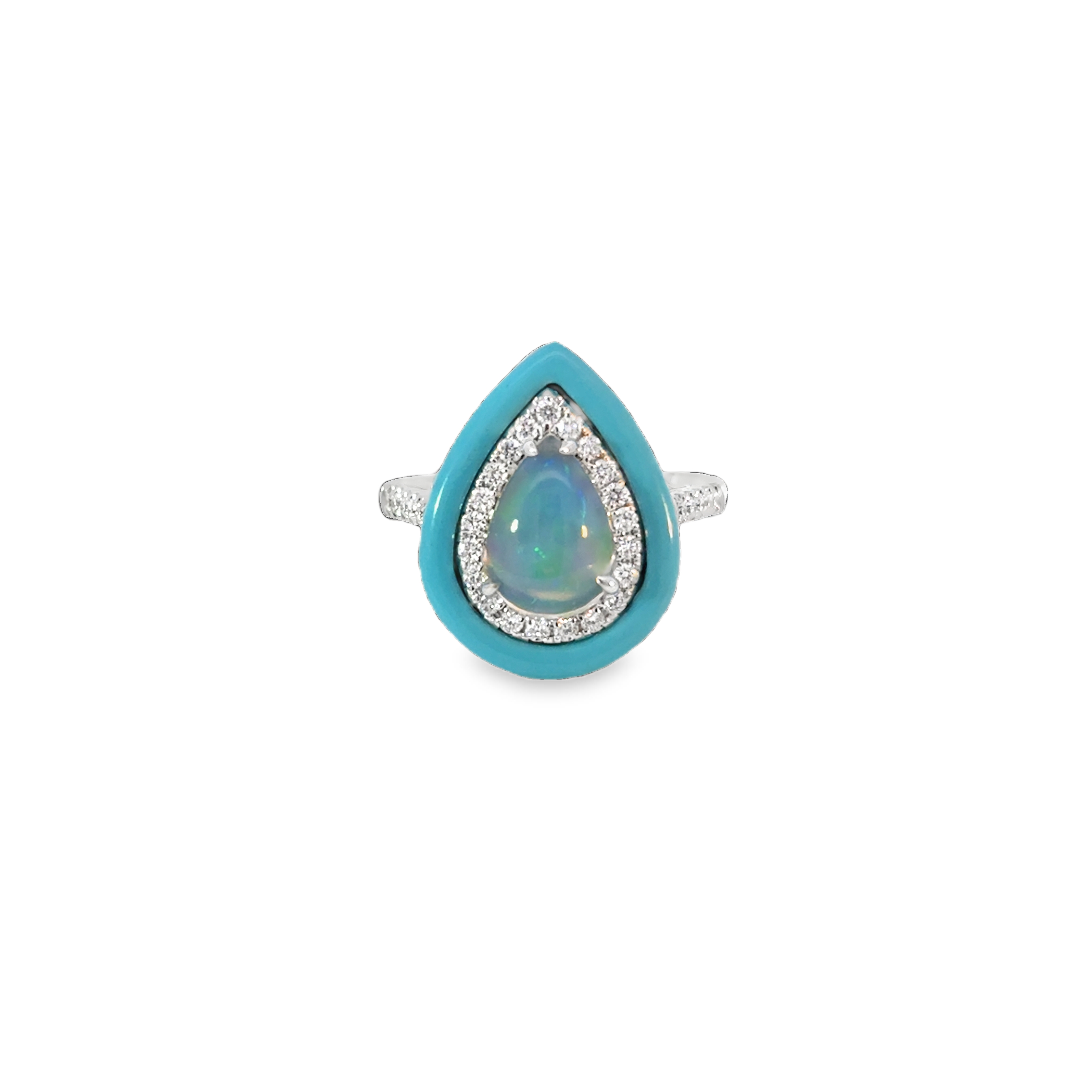 18K WG Pear Opal & Diamond Halo Ring w/ Turquoise Color Frame by David Kord