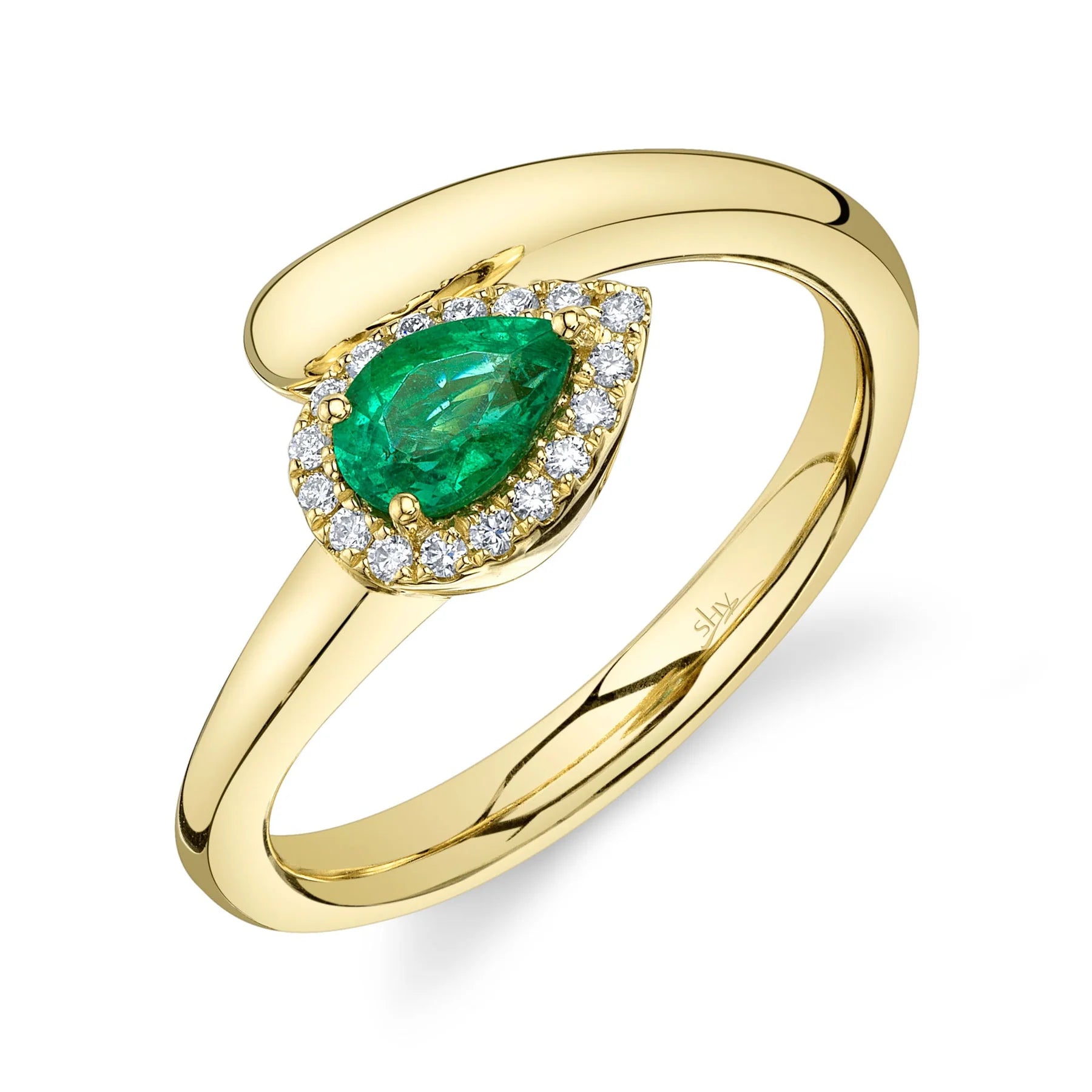 14K YG Pear Emerald & Diamond Halo Wrap Ring