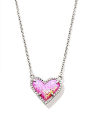 Rhodium Plated Ari Heart Short Pendant Necklace in Bubblegum Pink Kyocera Opal by Kendra Scott