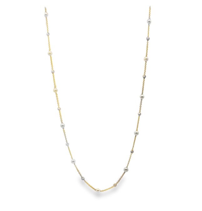 14K Two-Tone 3-3.5mm Japanese Cultured Pearl Station Necklace