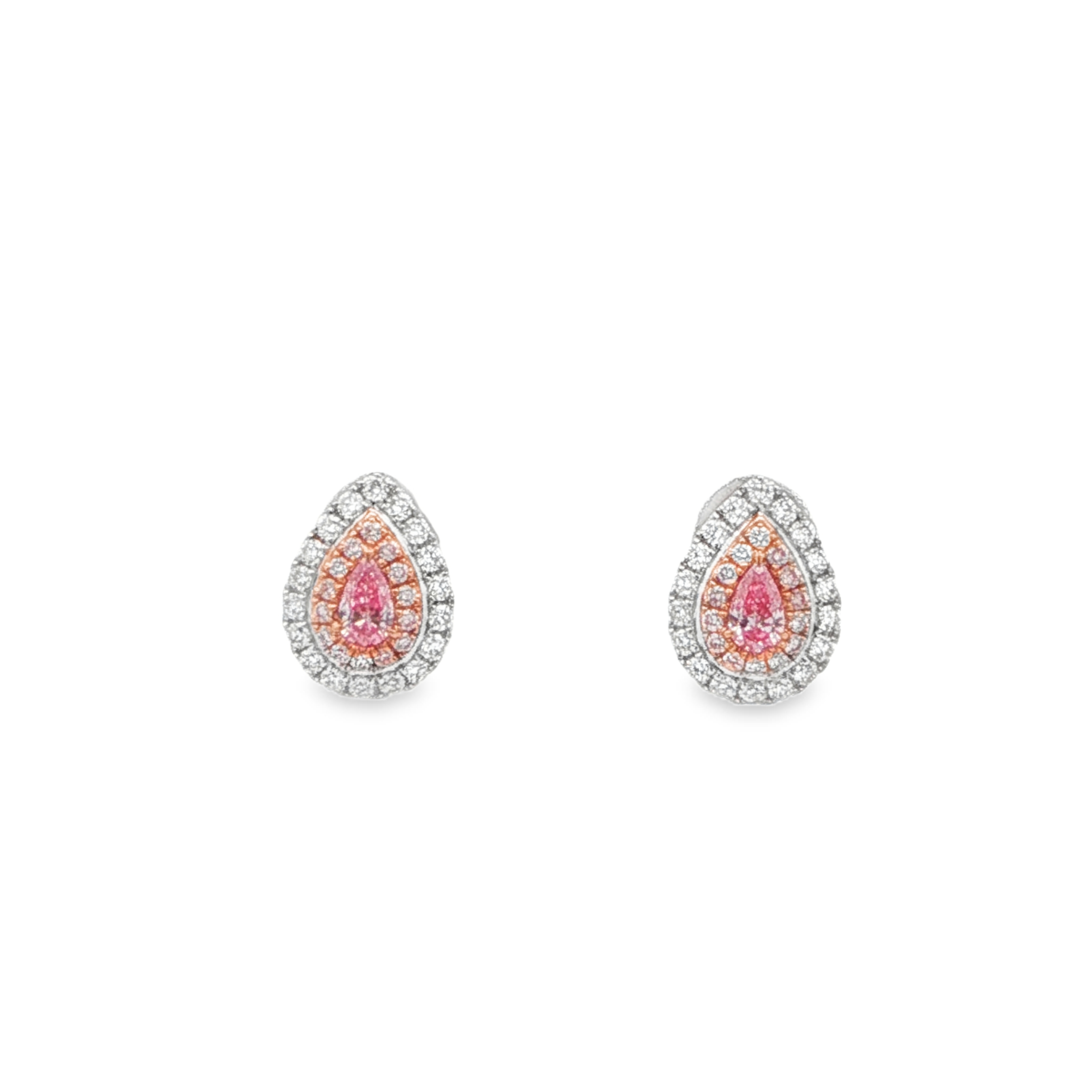 18K W/RG Pear Shape Diamond & Pink Diamond Double Halo Studs