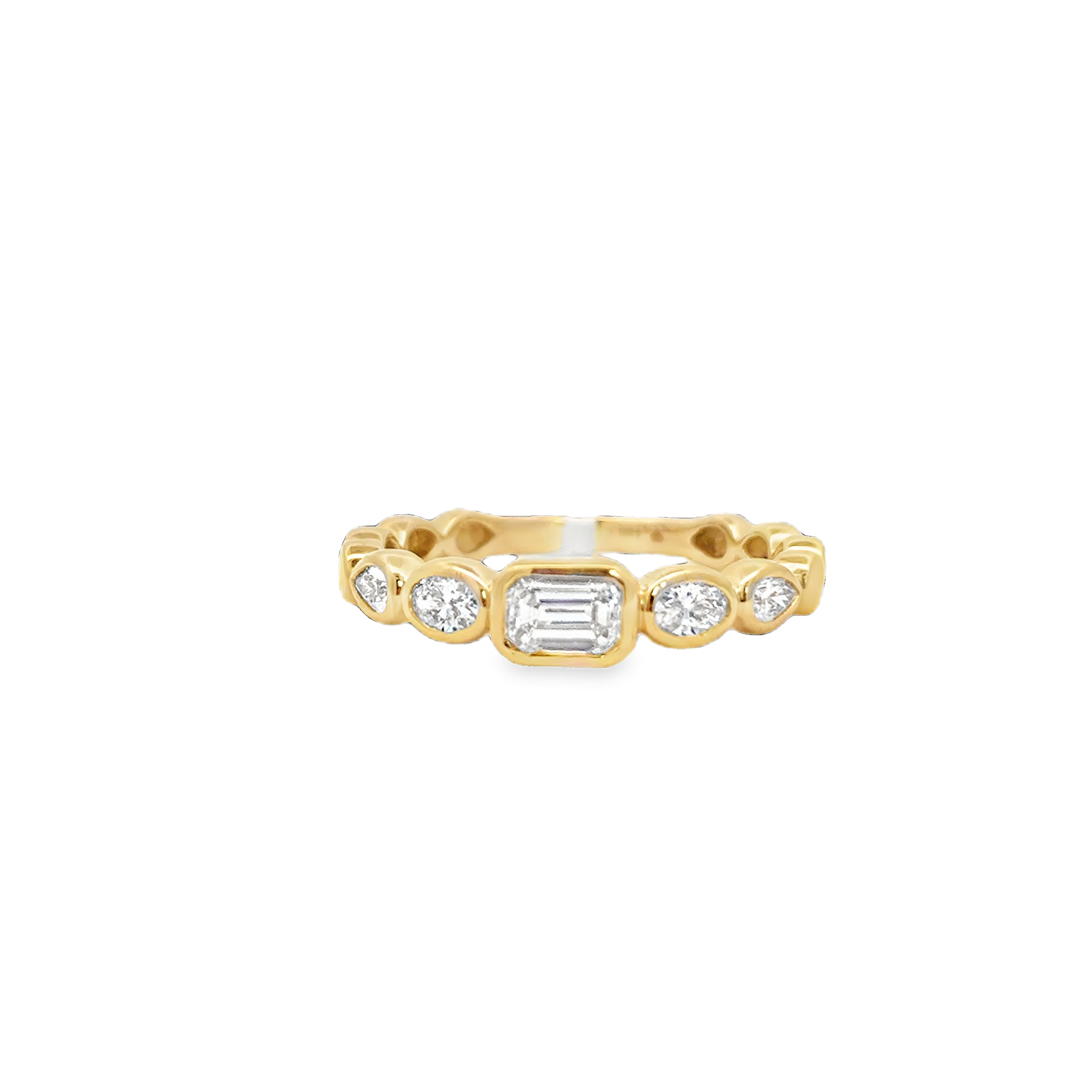 18K YG Bezel Set Diamond Band w Emerald Center & Oval/Pear Side Stones Main image