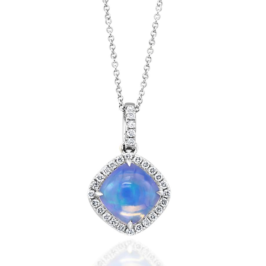 14K WG Cushion Opal & Diamond Halo Pendant Necklace by David Kord Main image