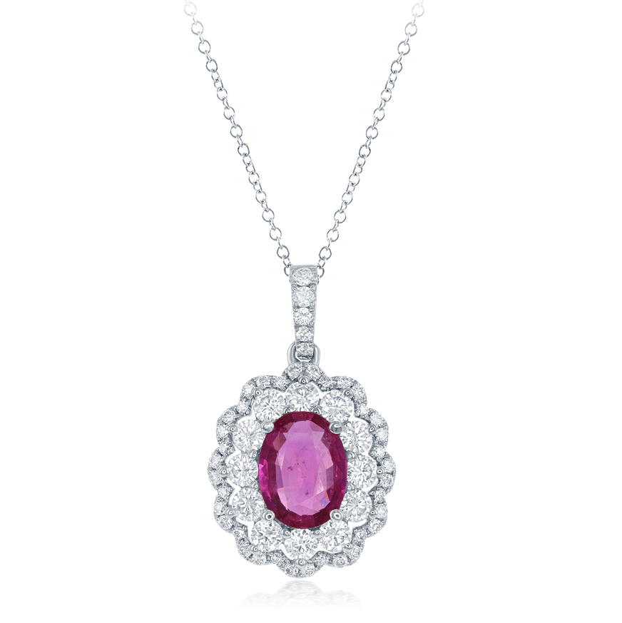 18K White Gold Ruby & Diamond Double Halo Vintage Style Pendant