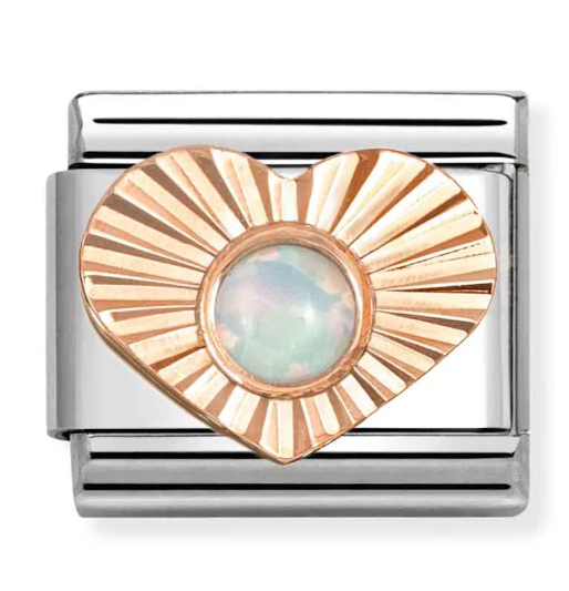 Stainless Steel & 9K Rose Gold Diamond Cut Heart Charm with White Opal