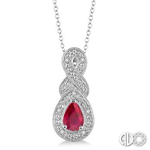 SS 6X4MM PEAR RUBY .03CTTW DIA PENDANT W/CHAIN