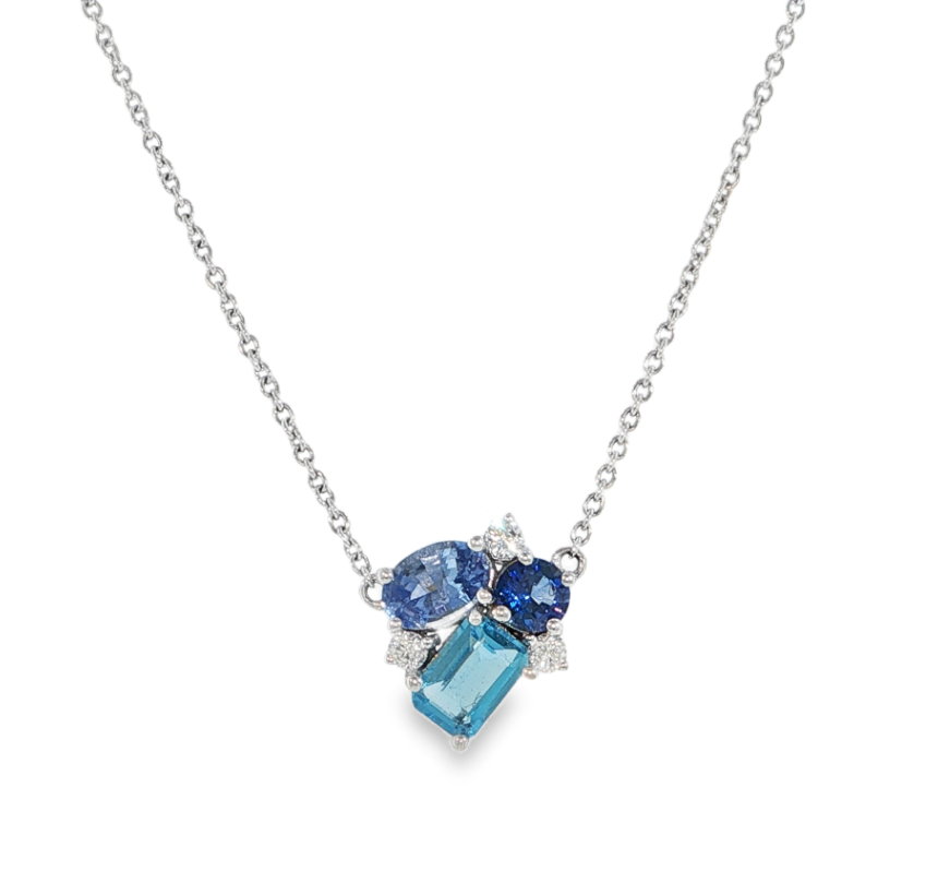 14K White Gold Sapphire & Topaz Cluster Pendant Necklace Main image