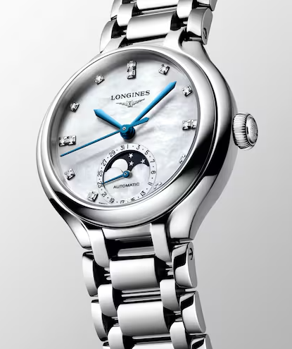 Longines PrimaLuna Moonphase 34mm Watch with Mother of Pearl Dial & Diamond Markers