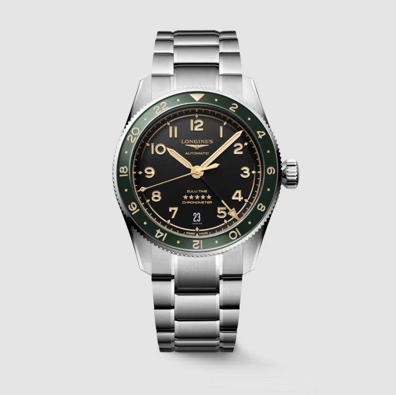 Longines Spirit Zulu Time 39mm GMT Watch with Anthracite Dial & Green Bezel