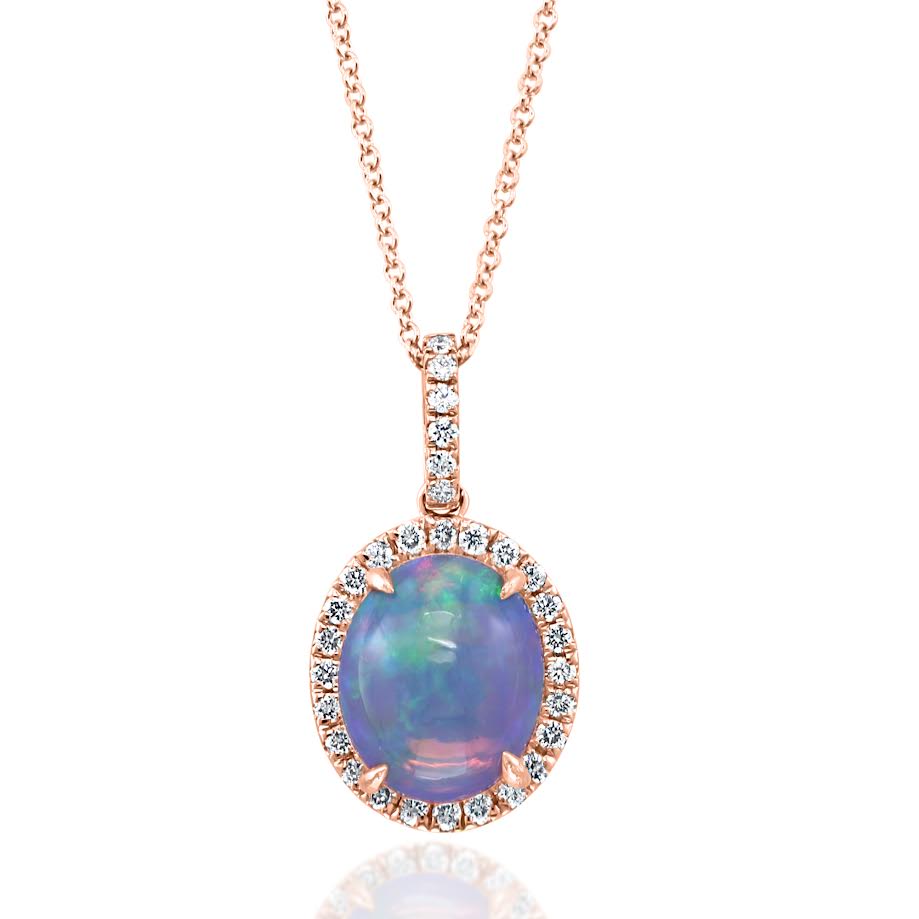 18K RG Oval Opal & Diamond Halo Pendant Necklace by David Kord