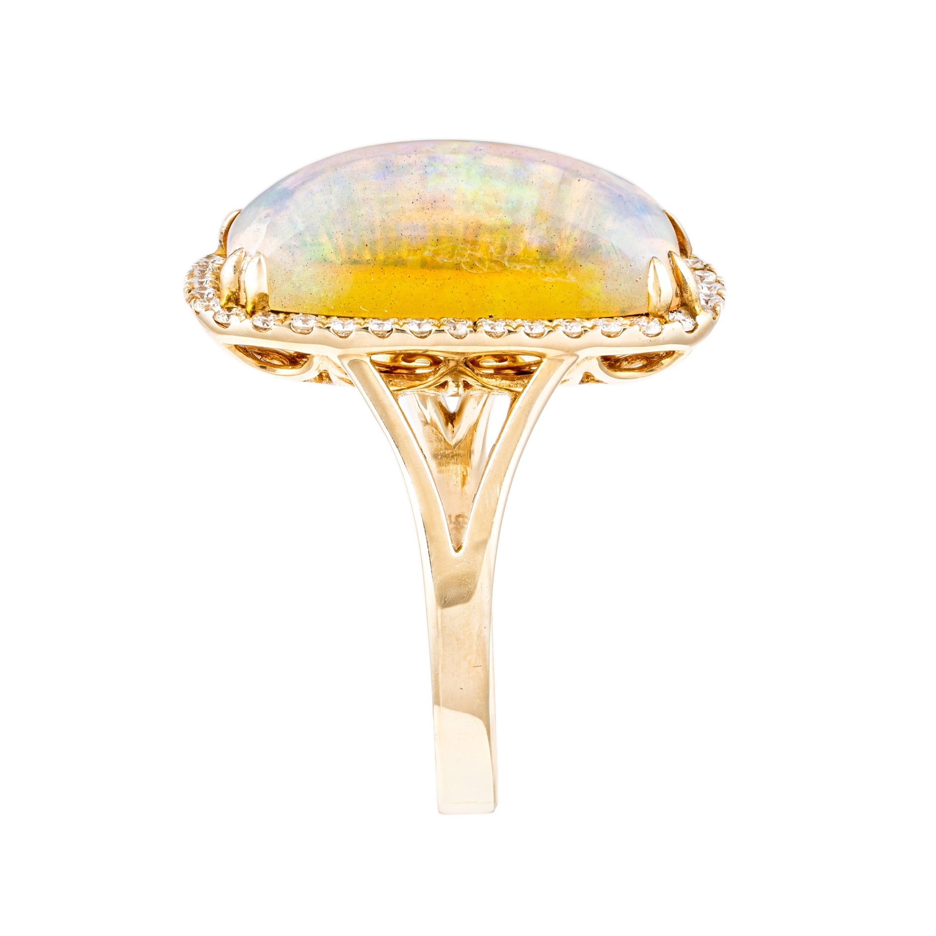 14K YG Cushion Opal & Diamond Halo Split Shank Ring by David Kord