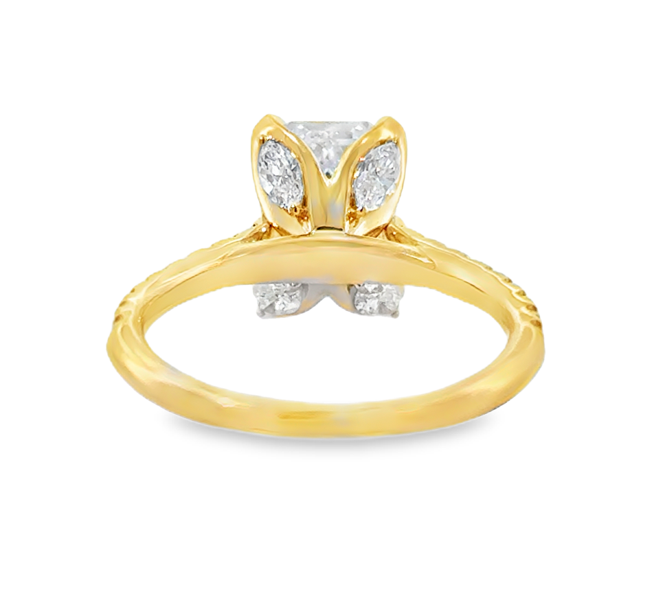 14K Yellow Gold Diamond Line Emerald Cut Semi-Mount with Marquise Diamond Petal Basket Secondary image