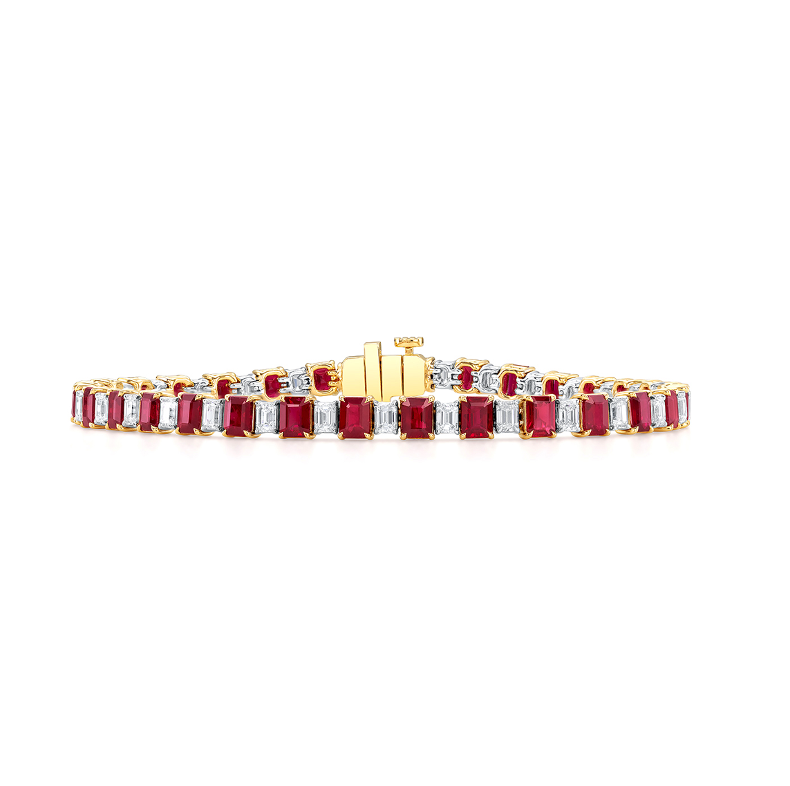 Platinum & 18K Yellow Gold Emerald Cut Ruby & Diamond Tennis Bracelet by Joshua J Main image