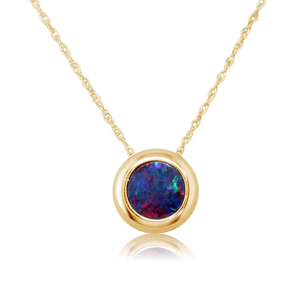 14K  YG Bezel Set Round Australian Opal Doublet Pendant Necklace