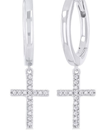 10K WG 1/10cttw Diamond Petite Cross Dangle Huggies Main image