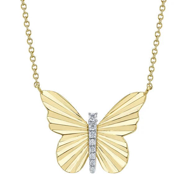 14K YG Diamond Ribbed Butterfly Pendant Necklace