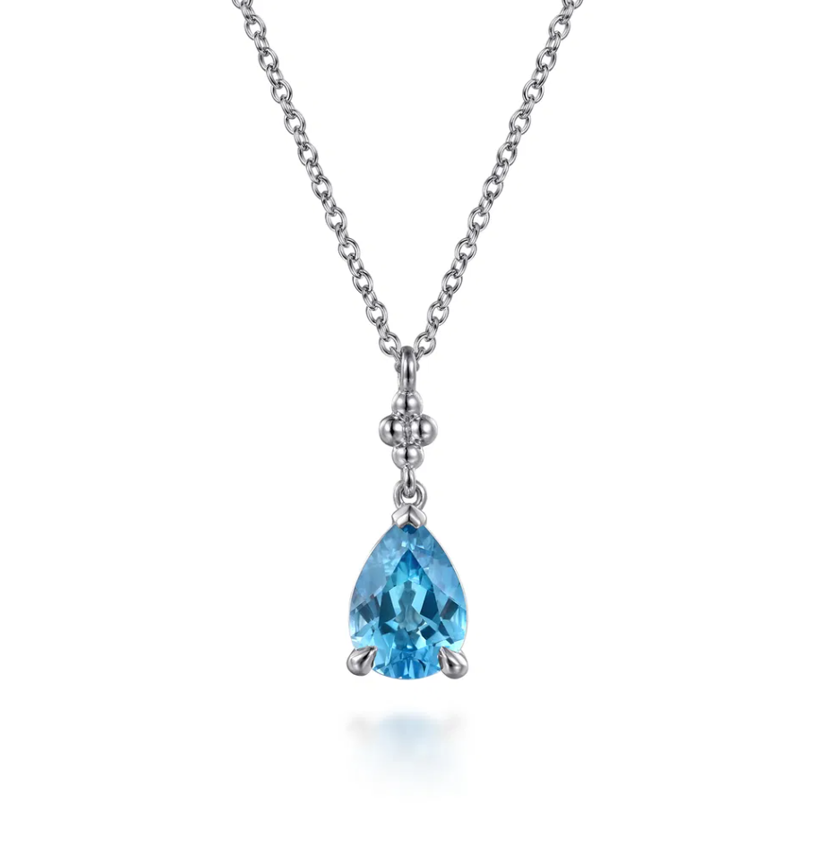 Sterling Silver Pear Blue Topaz Bujukan Pendant Necklace by Gabriel NY