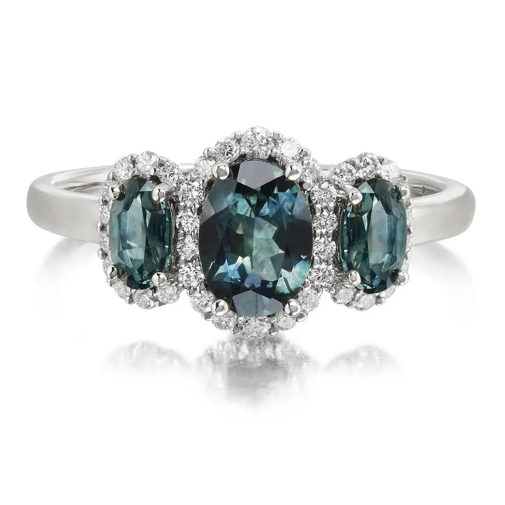 14K WG Montana Sapphire & Diamond Halo Oval Three-Stone Ring Main image