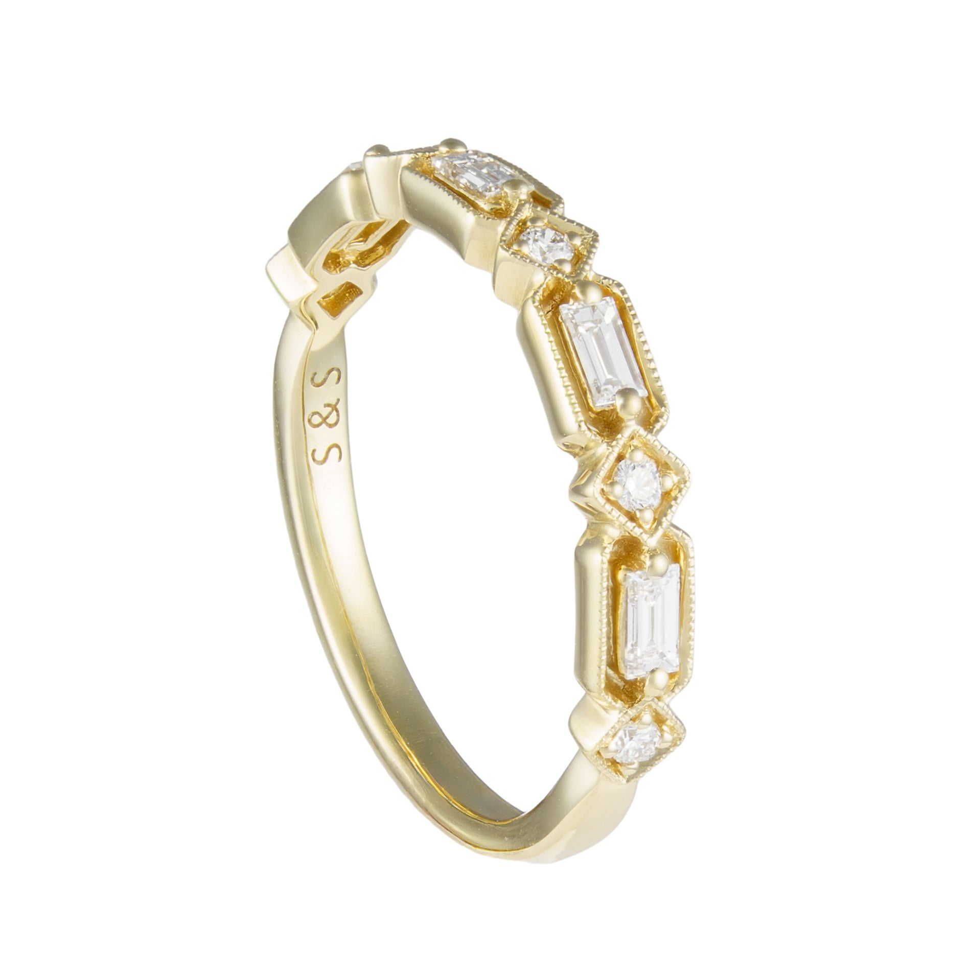 14K Yellow Gold Diamond Alternating Baguette & Round Vintage Style Wedding Band Secondary image
