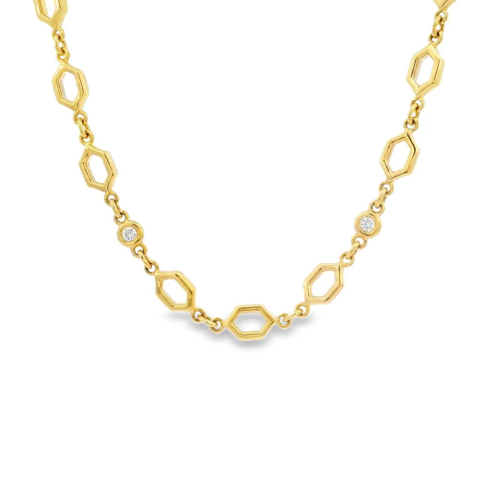 18K Yellow Gold Diamond Bezel & Hexagon Necklace w Pave Hex Clasp by Erica Courtney Main image
