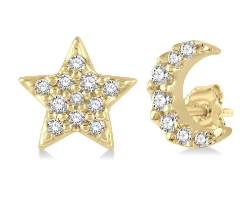 10K YG 1/10cttw Diamond Petite Mismatched Moon & Star Stud Earrings